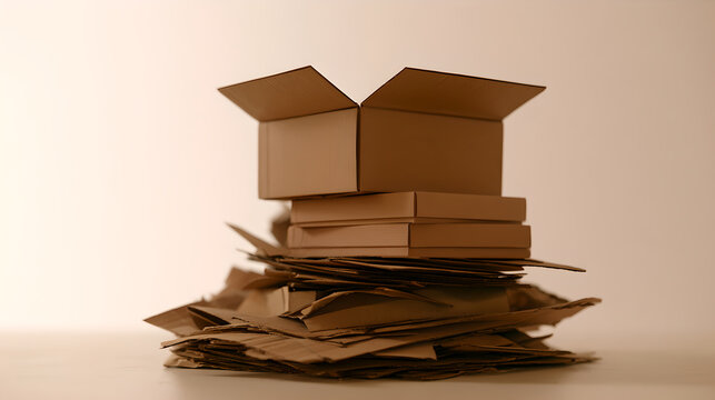 Large messy pile of flattened brown cardboard boxes and one open box

