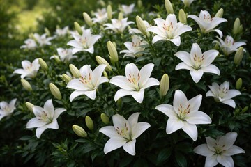 Obraz premium Pure white lilies growing densely on a bush