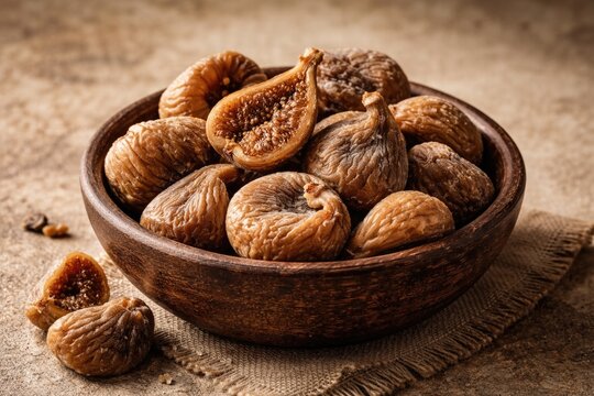 Rustic bowl presentation of dried figs focused on rich texture and natural sweetness with plain background