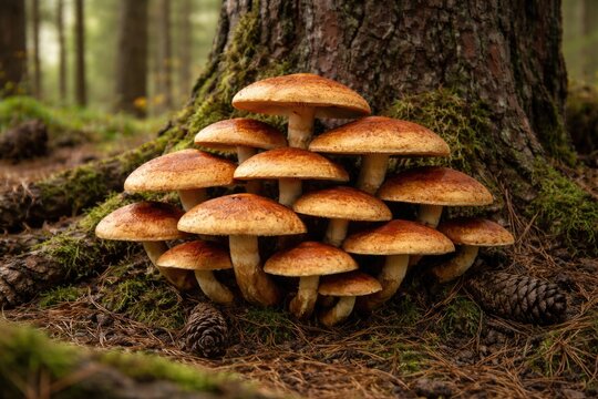 Rustgill mushrooms forming typical group in pine tree habitat