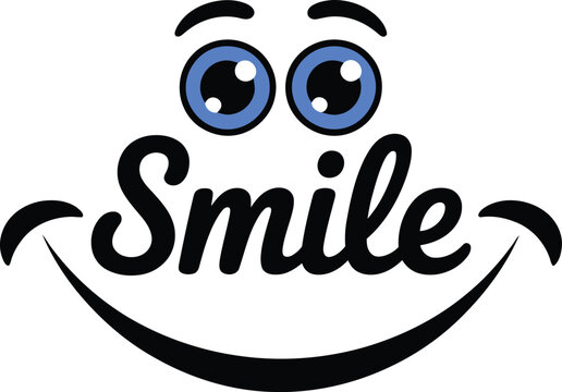 Cartoon smiley face text logo design with big blue eyes and arched eyebrows on transparent backdrop.