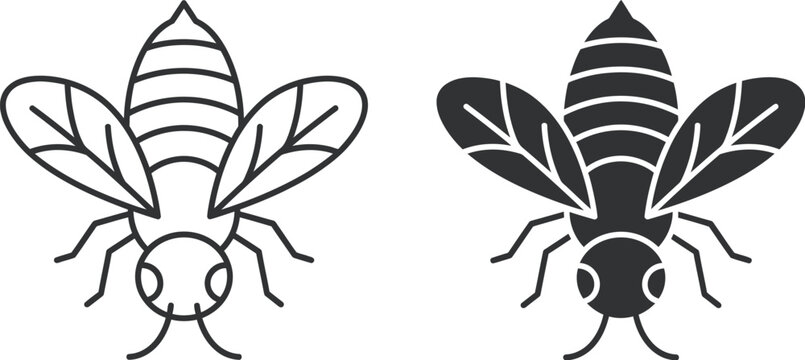 Set of stylized bee line art graphics, featuring both outlined and solid silhouette versions.&nbsp;
