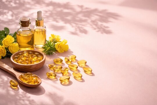Omega 3 health themed minimal design with yellow gelatin capsules and floral shadows on pink surface including liver cod and evening primrose oil and copy space
