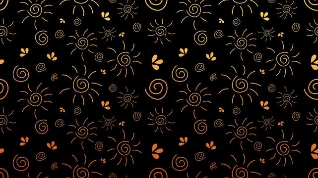 Seamless looping animated pattern of golden sun doodles and swirls. Black background, yellow to red transition, creating a sunset effect. For summer or kids content.