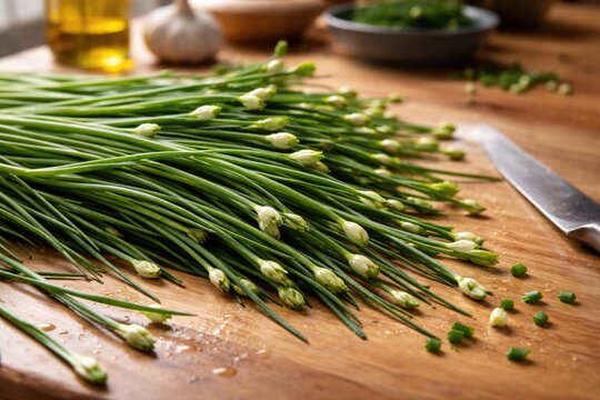 Fresh garlic chives scattered across a smooth wooden countertop