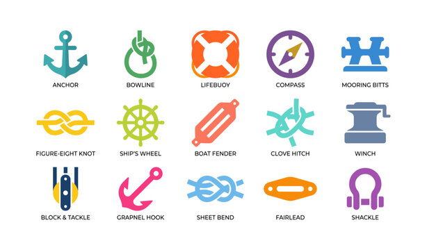 Nautical mooring icons showing knots and equipment on white