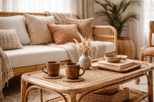 Wicker furniture and wooden cups on bamboo coffee table in airy boho chic living space
