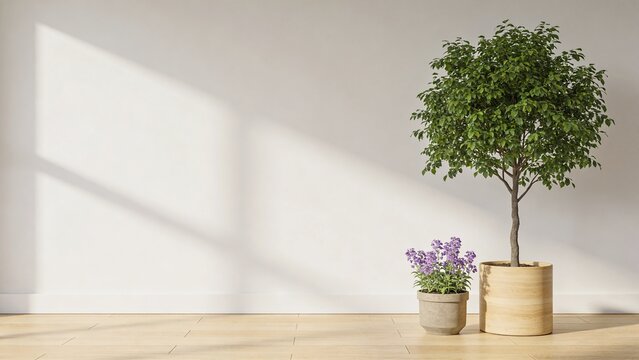 &ldquo;Minimalist interior scene with a light wooden floor and plain white wall background, soft natural daylight coming from the left casting gentle shadows. On the right side, a small indoor tree with den