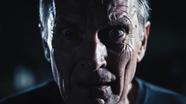 Close Up of a Sweating Stressed Senior Man with Wide Eyes Looking Directly at the Camera in a Dark Environment with Intense Lighting