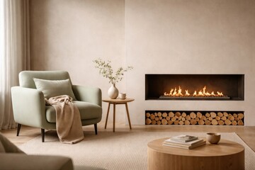 Naklejka premium Minimalist sitting area showcasing a soft green armchair complemented by a trendy bio fireplace and firewood stack