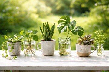 Fototapeta premium Selection of potted houseplants in cups and glass vases lined up on a white wooden table with a background of green grass