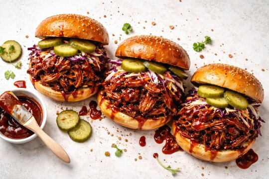 Overhead image of stacked pulled pork sandwiches layered with BBQ sauce cabbage and pickles on white background with copy space