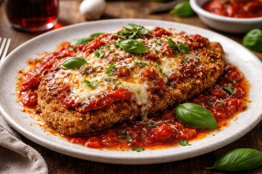 Savory veal parmigiana plated with tomato marinara, crispy breadcrumb crust and fresh herbs