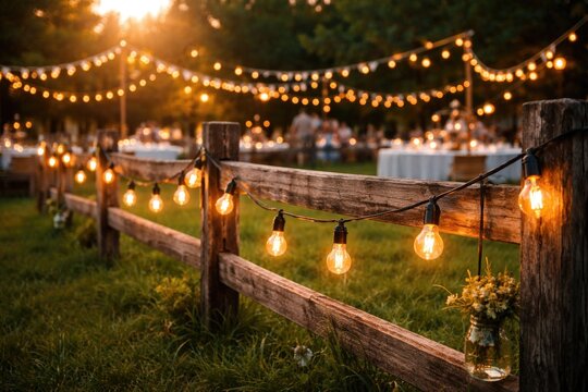 Unique summer event scene with light bulbs dangling from a sturdy wooden fence over green grass
