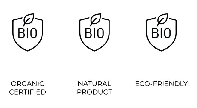 Set of bio organic leaf shield icons for natural eco friendly products