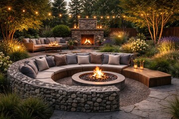 Naklejka premium Stylish backyard relaxation area with gabion round bench, wooden seating, and scenic fireplace landscaping