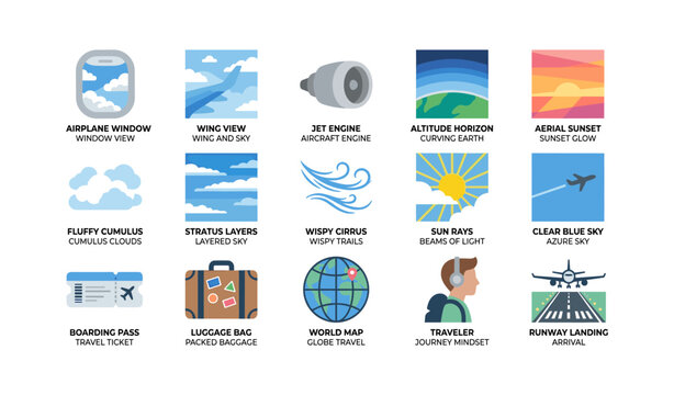 Air travel and flight icons showing window views and airport symbols