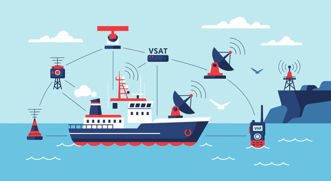 Maritime Communication Network: Ship, Satellites, Radar, VSAT, Radio