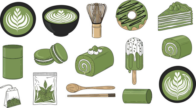 Flat green tea set with various tools and accessories Vector