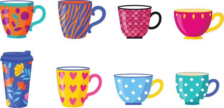 Colorful ceramic mugs and travel tumbler set Vector