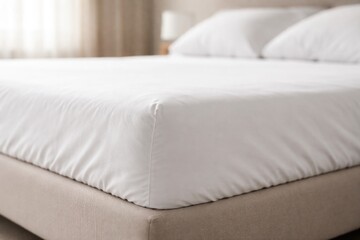 Obraz premium Side shot of bed corner with stretched white elastic fitted sheet