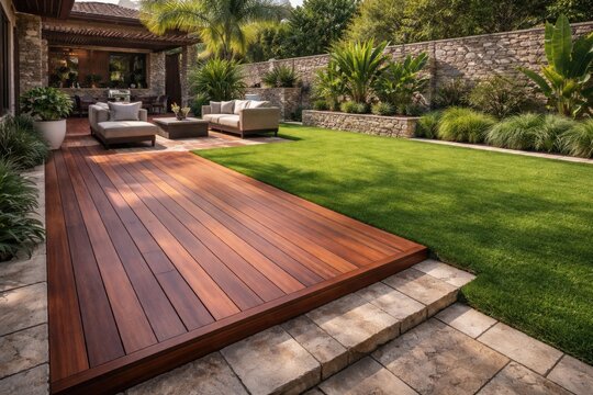 Stone finished courtyard with Ipe hardwood deck boards adjacent to thick green grass and exotic wood flooring