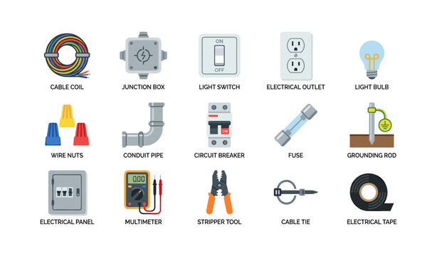 Electrical tools and components arranged on white background