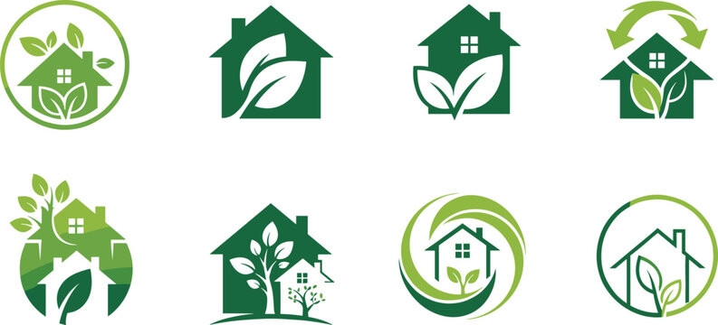 Set of professional eco friendly house logos featuring green leaves and home symbols for sustainable real estate and organic living branding