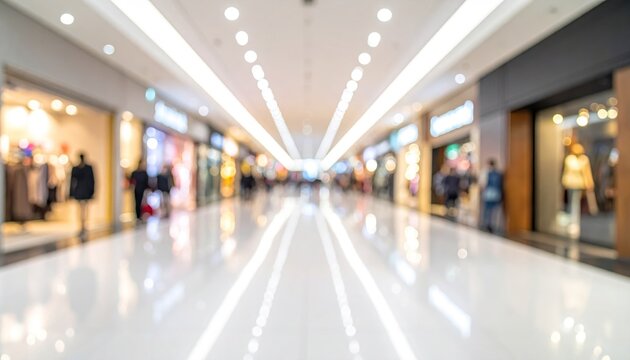 Wide modern mall corridor with glossy floor, bright lights, and blurred storefronts on both sides