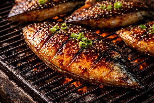 Teriyaki coated saba fish steak cooked on grill