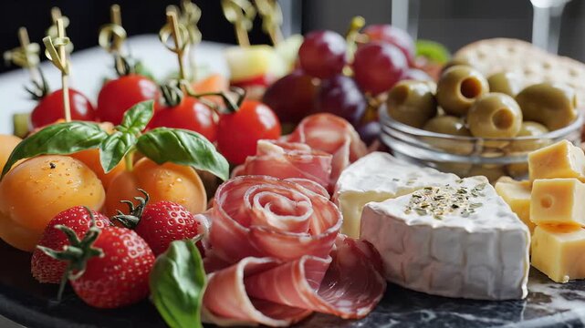 Gourmet Charcuterie Board with Cured Meats Cheeses and Fruits.