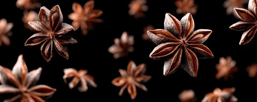 Whole dried star anise spice pods floating in air as  culinary seasonal food decoration