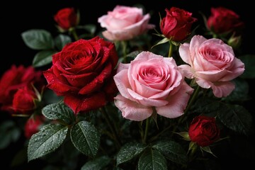 Fototapeta premium Sharp focus rose blossoms in red and pink with verdant leaves on black background