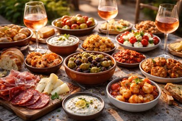 Obraz premium Mediterranean tapas and rose wine presented with diverse appetizer options