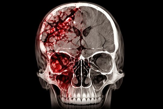 Radiologic CT image highlighting complex fractures of left frontal parietal and maxillary sinus with hemorrhage