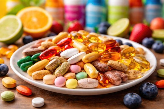 plate displaying diverse vitamin supplements against a lively colorful backdrop