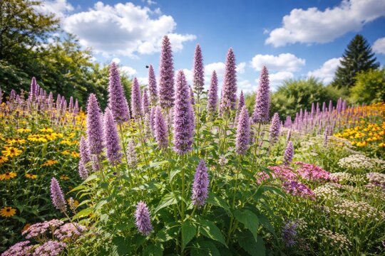 Perennial garden scene with tall Agastache and summer sky overhead showcasing anise hyssop