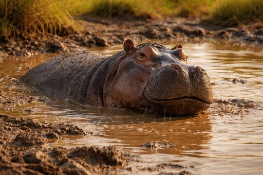 Relaxed hippo wallowing in muddy water on warm summer afternoon