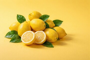 Bunch of juicy lemons placed on a smooth yellow background with copy space