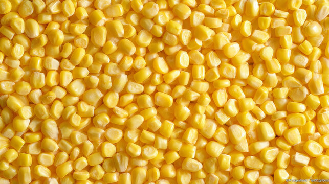 Copy space featuring flat lay of sweet corn kernels forming pattern on table surface, bright studio lighting, clean advertising look in aesthetic