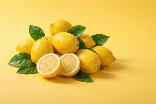 Bunch of juicy lemons placed on a smooth yellow background with copy space