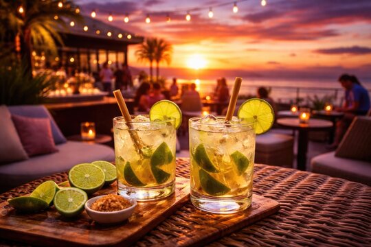 Vibrant sunset backdrop highlighting citrus Caipirinha drinks on chic hotel roof