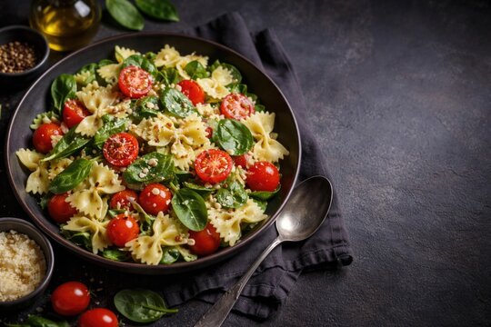 Appetizing bowtie pasta salad combined with cherry tomatoes and spinach on dark setting with copy space for text