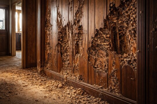 Wooden paneling inside home heavily affected by termite damage
