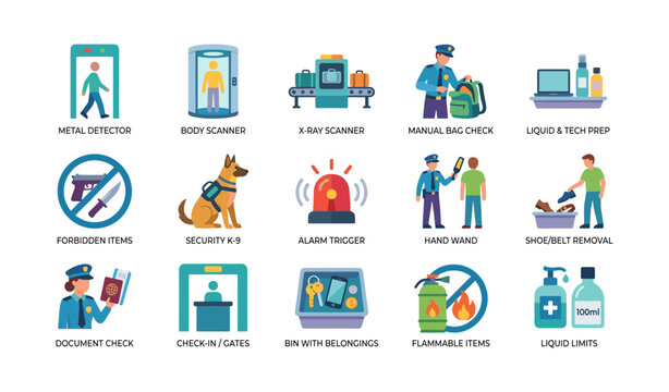 Airport security procedures shown in screening checkpoint layout