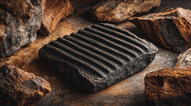 black ribbed grill pan made of cast iron displayed on a rough textured background for professional cooking and rustic kitchen concepts