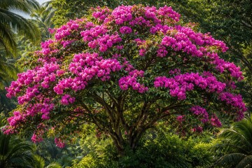 Obraz premium Tropical tree full of eye catching magenta blossoms surrounded by dense leaves