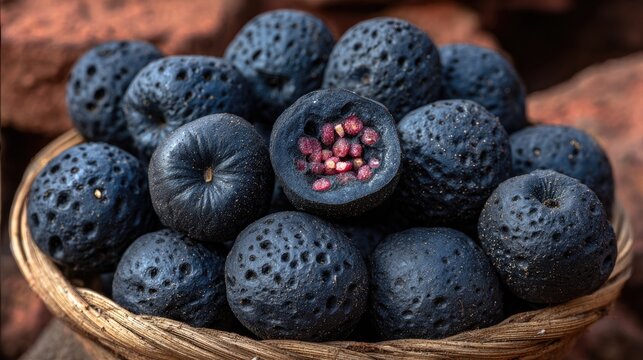 Close up of a basket filled with dark textured spherical fruits