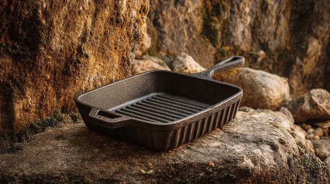 heavy duty cast iron grill pan with textured ribbed cooking area and rugged black backdrop for culinary branding and kitchen visuals