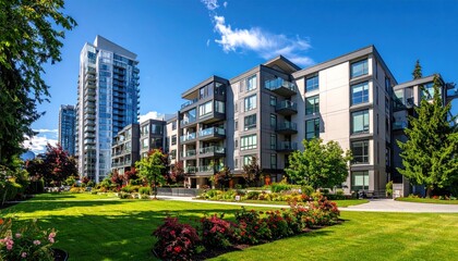 Obraz premium Modern cityscape featuring contemporary apartment buildings with lush gardens and clear blue skies